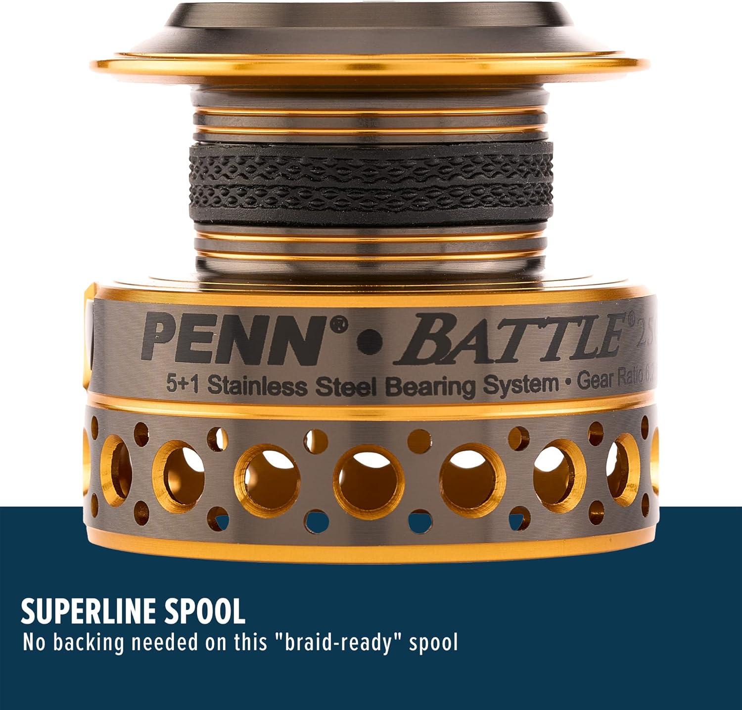 image:imagePenn Battle Spinning Reel Kit Size 5000 Includes Reel Cover and Spare Anodized Aluminum Spool RightLeft Handle Position HT100 Front Drag SystemBattle Reel