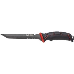 Ugly Stik Ugly Tools Utility Knife for Fishing, Red and Black, Fixed Tanto Partially Serrated Stainless Steel Blade, Non-Slip Grip Handle, Includes Line Cutter
